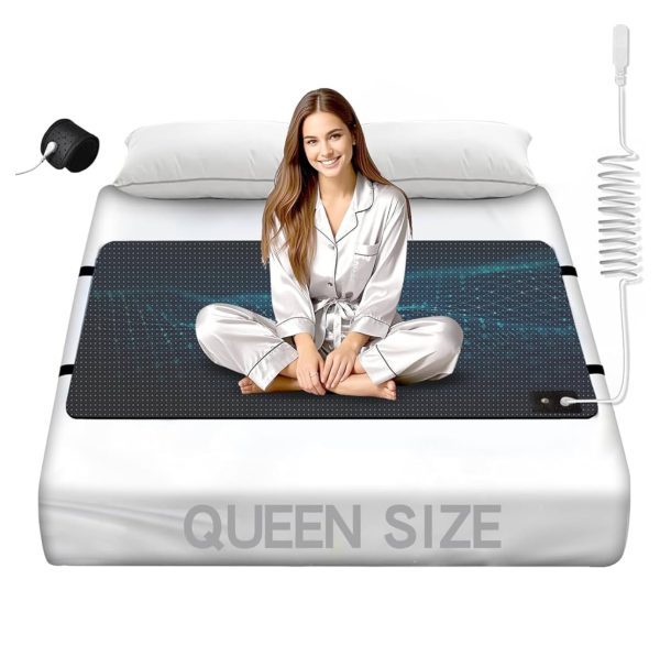 Sábana de Grounding para Cama – Fibra de Carbono + Cuero PU – Queen Size + muñequera
