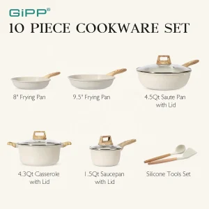 Juego de Ollas y Sartenes GiPP - 10 Piezas de Cocina Antiadherente de Granito Blanco (sin PFOS ni PFOA) - Imagen 2